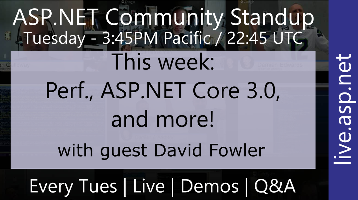 aspnet's tweet image. Don&apos;t miss this week&apos;s #ASPNET Community Standup, this Tuesday - 3:45 PM Pacific - 22:45 UTC

🚀Performance, #aspnetcore 3.0, and more!🚀

with guest @davidfowl

live.asp.net