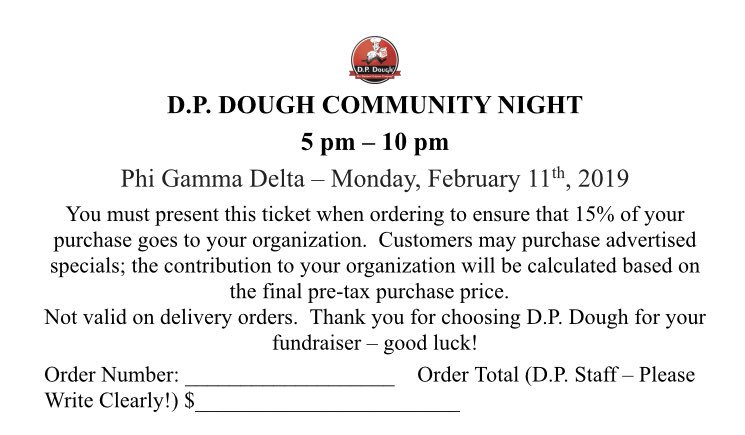 Today until 10pm, D.P. Dough in Bloomington-Normal will be having a fundraiser to support our organization! Make sure to bring in your slip or present this when you go in and order!