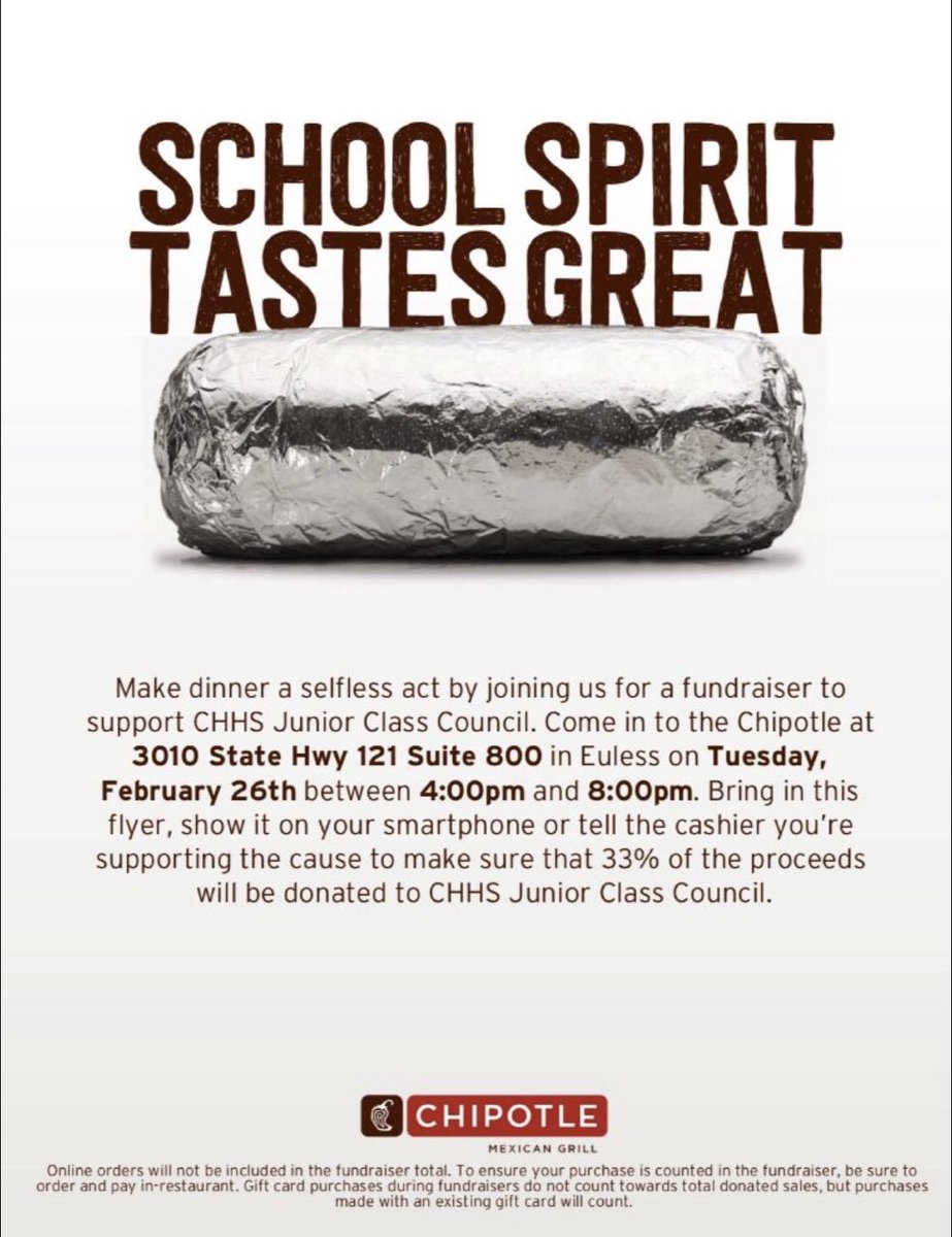 Come eat with us on February 26th from 4-8 pm @ Chipotle in Euless and mention CHHS Junior Class Council!! Can’t wait to see you there!❤️🌯🥙🌮 #pantherpride #chhs #schoolspirittastesgreat