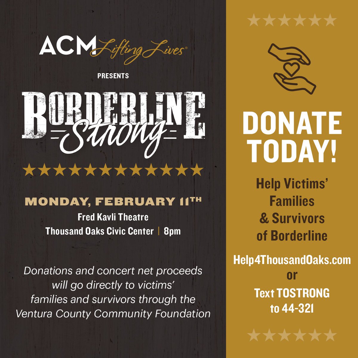 Support a night of Help, Hope & Healing as #ACMLiftingLives Presents: #BorderlineStrong, a one-night-only event featuring performances by @CharlesEsten @TraceAdkins @CassadeePope & more. Purchase tickets at Help4ThousandOaks.com or make a donation by texting TOSTRONG to 44-321