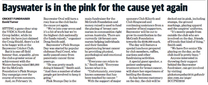 PINK STUMPS DAY AT <a href="/Bayswater_CC/">BayswaterCC</a>  

The BCC will host a <a href="/McGrathFdn/">Mcgrathfdn</a> 'Pink Stumps Day' on Feb16.
 
They have raised over $65,000 in 7 years supporting this cause. 
 
Visit link to support: pinkstumpsday2018.gofundraise.com.au/page/BCCPSD2019 
 
<a href="/leadercricket/">Leader Local Cricket</a> story attached. 

facebook.com/OfficialSubbie…