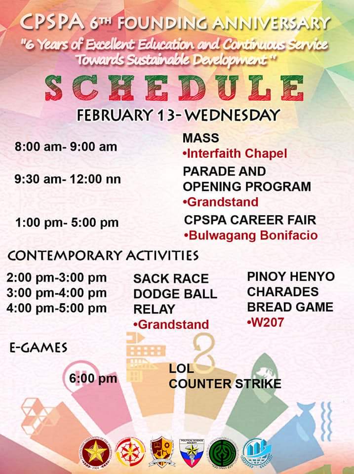 pupcpspa_sc's tweet photo. Greetings CPSPA!
Below is the schedule of our upcoming 6th founding anniversary celebration.
See you!
#FightWithHonorCPSPA
#SDGs
#TeamLuzon
#TeamVisayas
#TeamMindanao https://t.co/Vgtaja4Gnj