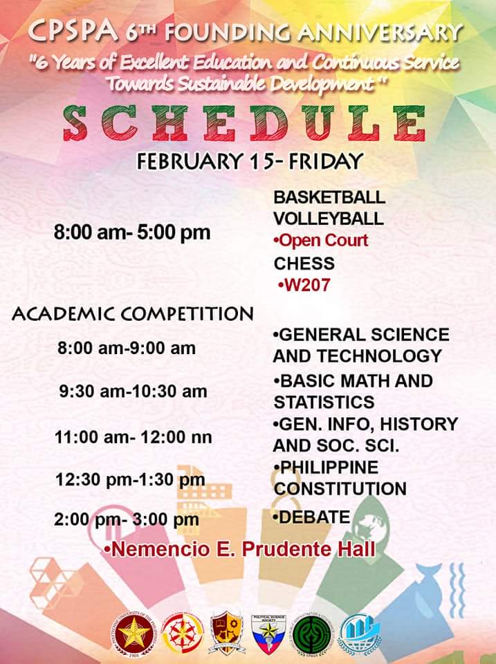 pupcpspa_sc's tweet photo. Greetings CPSPA!
Below is the schedule of our upcoming 6th founding anniversary celebration.
See you!
#FightWithHonorCPSPA
#SDGs
#TeamLuzon
#TeamVisayas
#TeamMindanao https://t.co/Vgtaja4Gnj