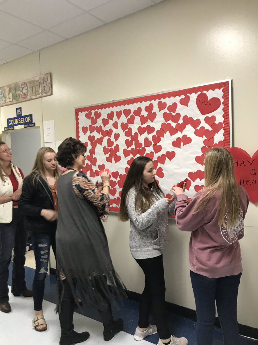 Our “Have a Heart” bulletin boards were covered with ways to show kindness around the school. I wonder if anyone got the “Bring chocolate to the school counselors” heart I put on the board?😁 <a href="/MHJuniorHigh/">MHJH</a>
