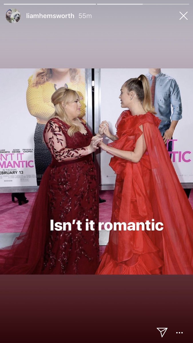 miamtimeline's tweet photo. February 11th 2019: Liam posts two pictures of Miley at the Isn’t It Romantic premiere to his Instagram Stories. https://t.co/JoEjTFyU6P