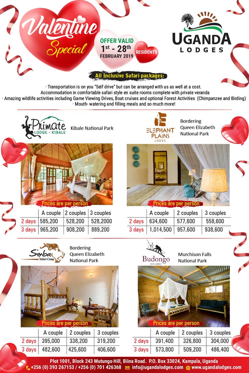 Uganda_Lodges's tweet photo. We have received a number of requests for self drive options to further reduce costs...

Your wish is our command...This one is for you!

#ValentinesInTheWild #LoveMonth #UgandaLodges #ComfortInTheWilderness #GameDrives #BoatCruises #NatureWalks #ChimpTrek #ProudlyUg #WeConnectUg https://t.co/URv2BkGAZL