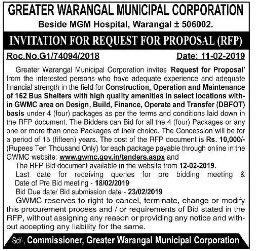 RFP for construction operation &amp; maintenance of redesigned modern 162 Bus Shelters on DBFOT basis in #Warangal city. Last date is Feb 18th