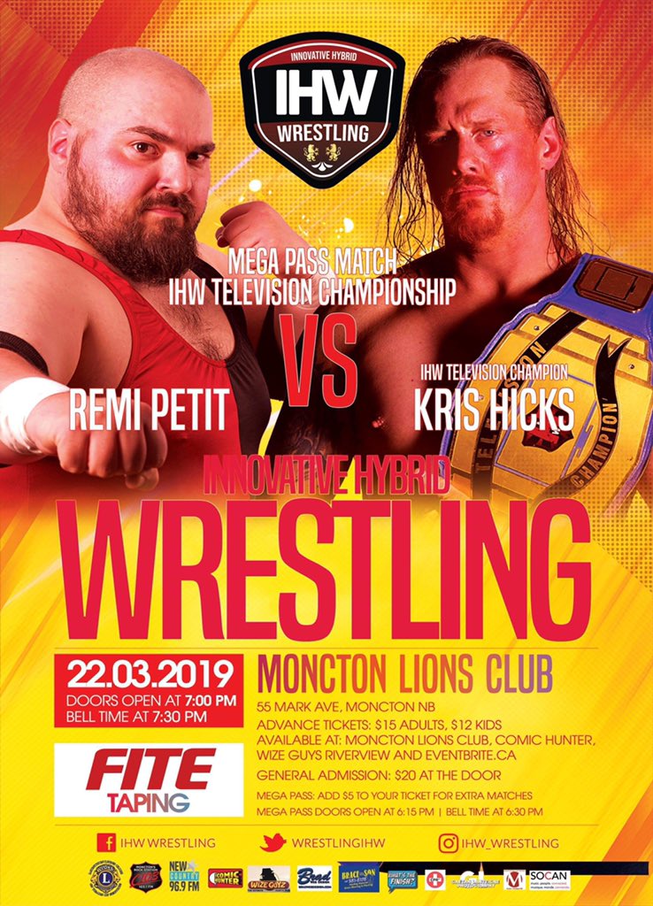 WrestlingIHW's tweet photo. Here it is! Let’s start it off big! Two of the Maritimes’ top stars are going to meet on the Mega Pass and it is for the IHW Television Championship! @yourcountryido1 will be defending his championship against “The Acadian Dream” @BeastOfAcadie! This will be a fight! https://t.co/D4L4cVYaoJ