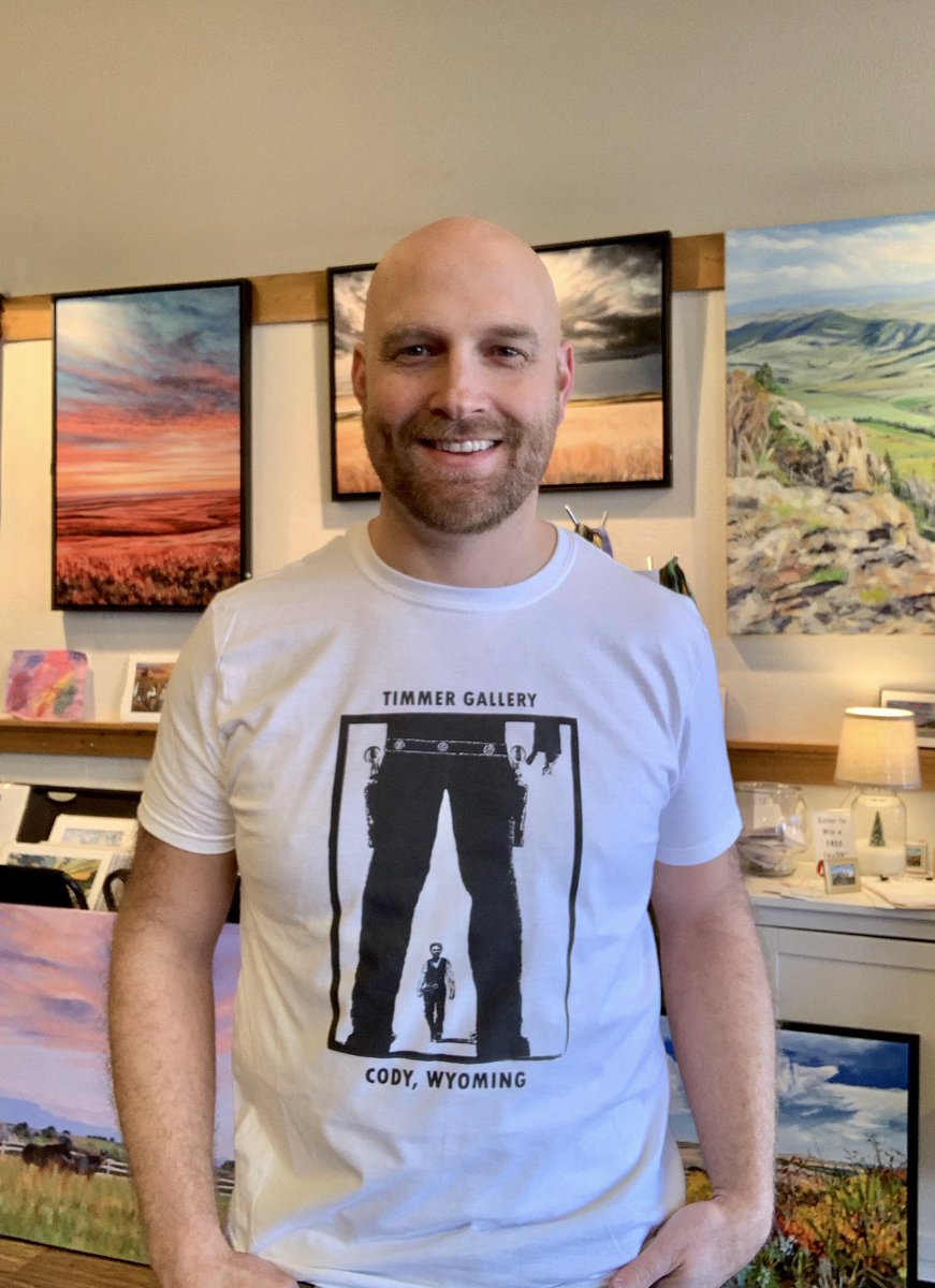 Check out the new T-shirt we are testing out!  Thanks for putting this together, @betsytimmer . 😘.
.
.
.
.
.
.
.#timmergallery #tshirt #arttshirt #artwear #mural #muraltshirt #cody #wyoming #codywy #gift #gifts #artgifts #mytshirt #somethingfun #westernmural #shootout