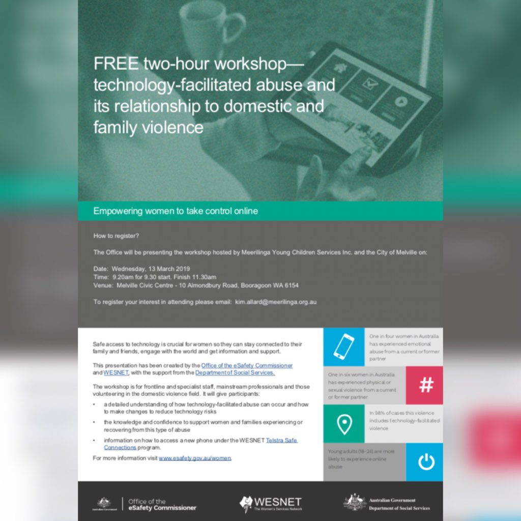 SFVAustralia's tweet image. Interested in attending a Free 2-hour workshop regarding technology-facilitated abuse in FDV and #empoweringwomen to take control online? Email Kim.allard@meerilinga.org.au to register your interest or go to esafety.gov.au/women for more info.

#Techabuse #WESNET #esafety