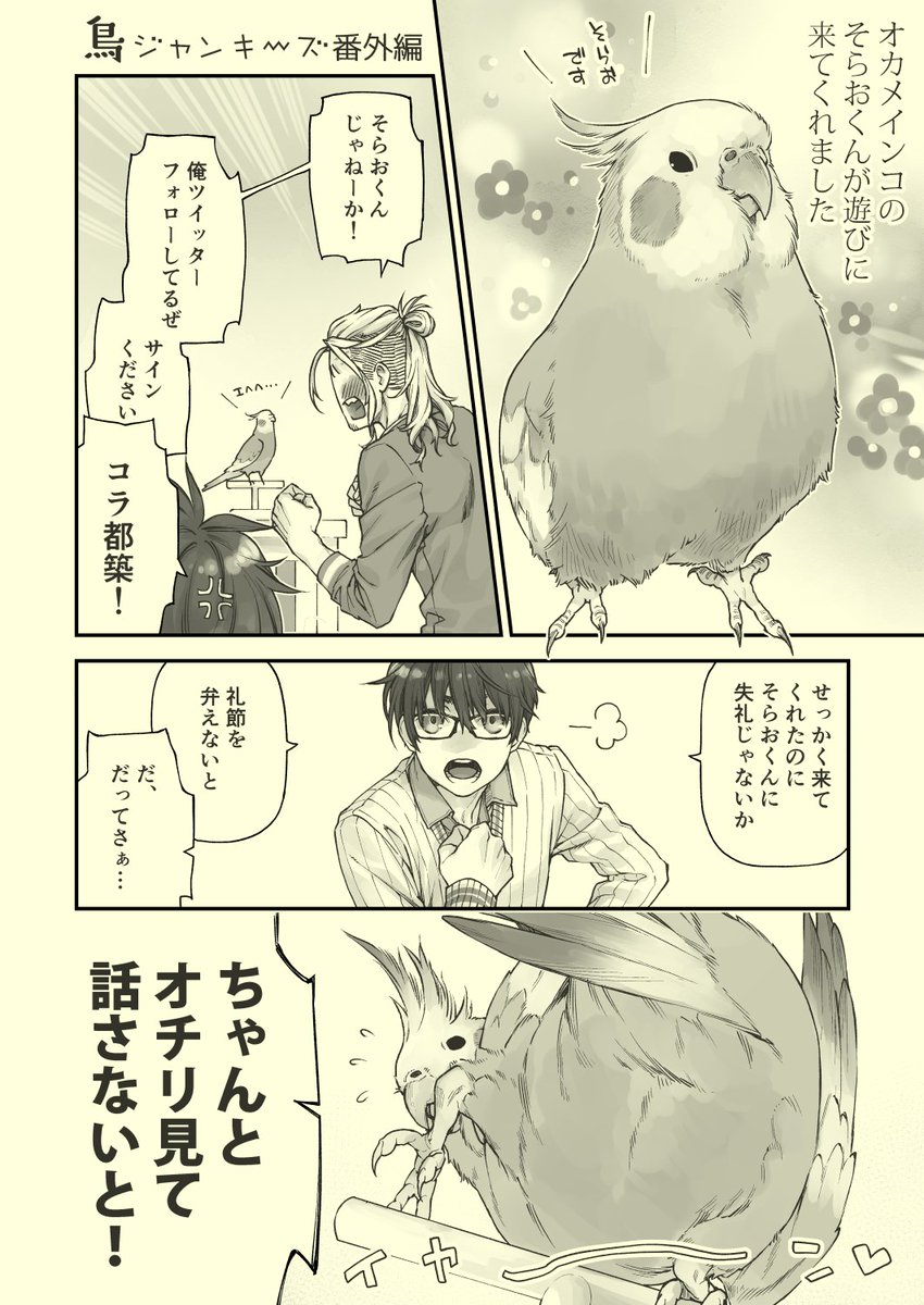 そらおくん(@okamesorao)がおへんたいまんがをご所望でしたので…。
(勝手に描かせていただき失礼します)

#鳥ジャンキーズ
#オカメインコのそらおくん
#おへんたいとたたかう 