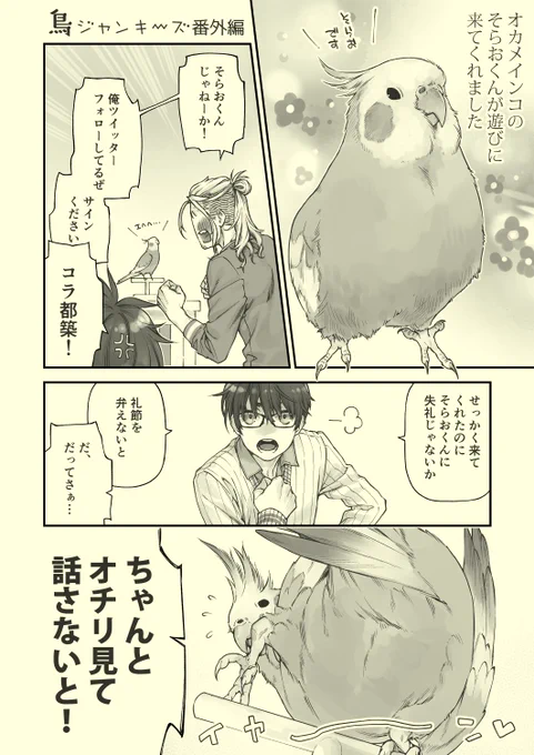そらおくん(@okamesorao)がおへんたいまんがをご所望でしたので…。
(勝手に描かせていただき失礼します)

#鳥ジャンキーズ
#オカメインコのそらおくん
#おへんたいとたたかう 