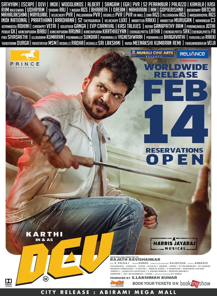 CinemaTweetz's tweet image. #DevReservationsInFullSwing , Movie releasing in 2 days.. 

#DevFromFeb14 

@Karthi_Offl @Rakulpreet @Jharrisjayaraj @RajathDir @lakku76 @RelianceEnt  @LightHouseMMLLP @SunTV @DuraiKv #MuraliCineArts
