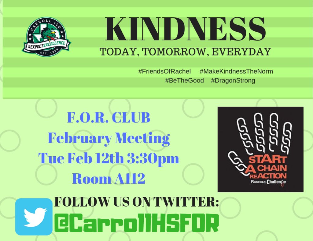 CarrollHSFOR's tweet photo. Meeting Reminder! @CarrollHigh #FriendsOfRachel come see what we have planned for @RAKFoundation #RAKweek2019 @RachelsChalleng #BeTheGood #KindnessWeek https://t.co/lqnINTkU8L