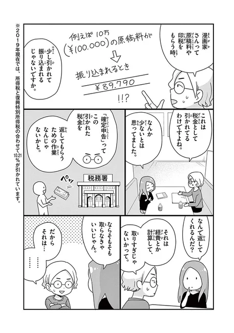 「漫画家と税金~確定申告やってみた~基本編」その②  フリーランス全般についての本は何冊か出てますが、こちらは漫画家に特化した税金漫画です。特に新人漫画家さん、漫画家を目指してる方、確定申告面倒臭くてなあなあにしちゃってる方におすすめ! 