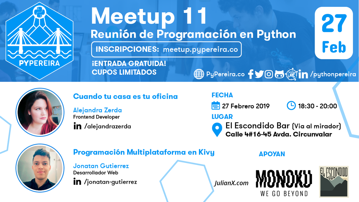 pythonpereira's tweet photo. 📣Queremos invitarlos a la Reunión #11 de #pypereira🎉
👉 Cuando tu casa es tu oficina por @Cangreja533
👉 Programación Multiplataforma en Kivy por @jotangutierrez

Inscripciones https://t.co/7PlK4oskAY

Agradecemos a nuestros patrocinadores @monoku @julianxuran @KolibriHostel https://t.co/pyxJInRmYp