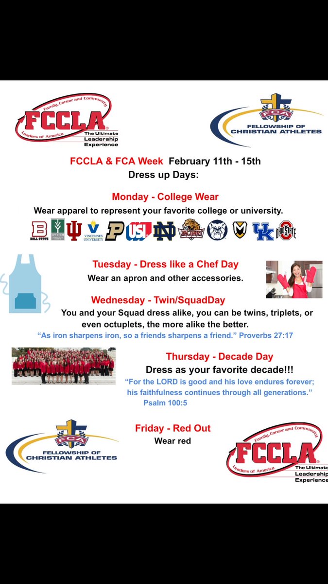 FcclaUnion's tweet photo. It’s FCCLA / FCA week !! Join in the according dress up days as shown in the picture day 😇❤️ There will also be activities at lunch so enjoy your week !! https://t.co/kTUfeZq90U