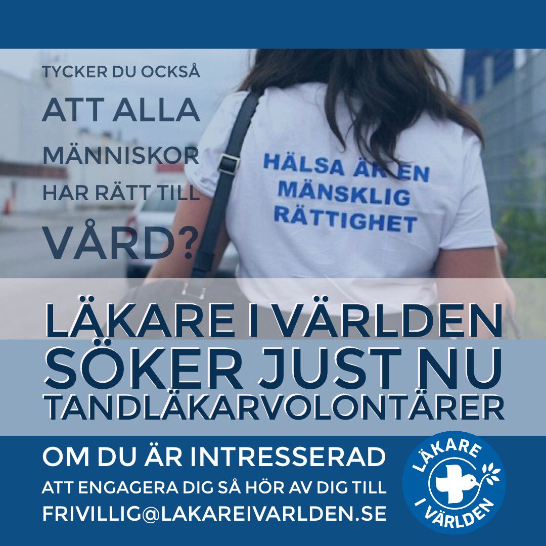 TdlUtanGranser's tweet photo. Annons från Läkare i Världen.
Tycker du också att alla  människor har rätt till vård? Läkare i Världen söker just nu tandläkarvolontärer.
Om du är intresserad av att engagera dig så hör av dig till frivillig@lakareivarlden.se
https://t.co/TzsAx8OZYC https://t.co/WthwPgK4ar
