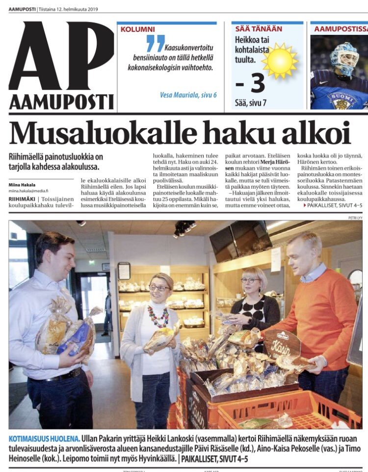 timoheinonen's tweet photo. Hieno juttu Aamupostissa helmikuun ensimmäisestä yritysvierailusta. Ullan Pakariin kannattaa poiketa kun #Helsinki-#Tampere -#moottoritie’tä kuljette. @suomenyrittajat @hameenyrittajat #ullanpakari #leipomo #kakko #aapo #leipä #hyvääsuomesta #häme #riihimäki #heinonen2019 https://t.co/Yrm5Q70F9N