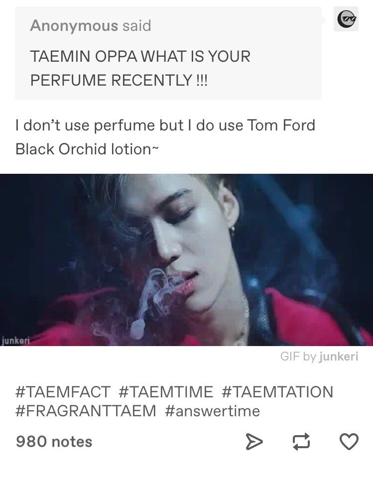 freakeystein's tweet photo. Q: TAEMIN OPPA WHAT IS YOUR PERFUME RECENTLY !!!
“I don’t use perfume but I do use Tom Ford Black Orchid lotion~”
#TAEMFACT #TAEMTIME #TAEMTATION #FRAGRANTTAEM
https://t.co/xSyCwBnwAd https://t.co/a0RoxhPnD2