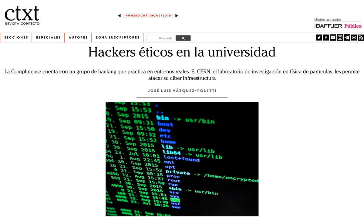 jlvazpol's tweet photo. La semana pasada @ctxt_es publicó un artículo sobre #FDIst, el grupo de #hacking ético de @informaticaucm.
En el se habla de su historia y sus actividades, entre las que están @Cryptoparty_Es, #CoreWarFDI, #CoreWarUCM, #HackTheCERN...
Enlace: https://t.co/DMYgXNK7hA https://t.co/5aApBlv0ok