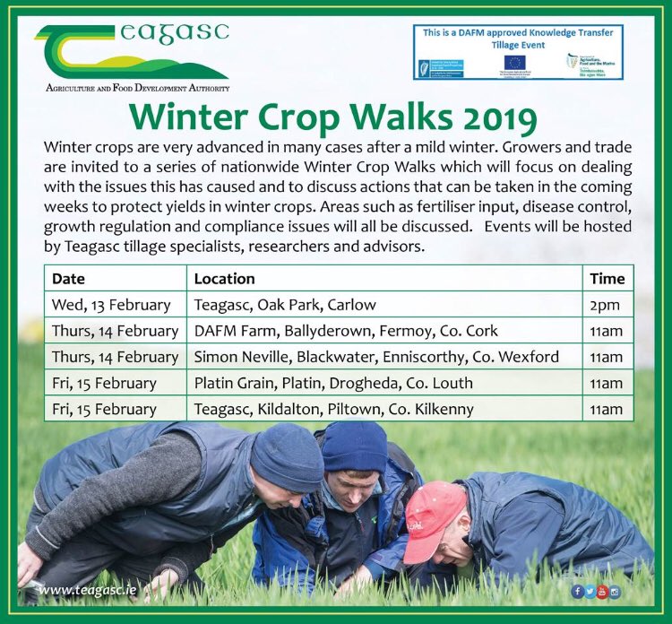 See below the times and dates for the upcoming Teagasc winter crop walks. All aspects of current agronomy will be discussed including dealing with advanced crops. Basis points available and all events are KT approved. All are welcome.