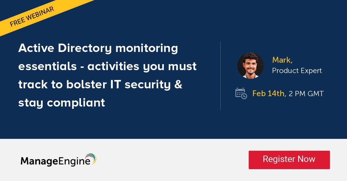 mwtsolutions's tweet photo. Active Directory monitoring essentials - activities you must track to bolster IT security &amp; stay compliant https://t.co/Ou2yIZk3jk
#feewebinar #activedirectory #manageengine #webinar https://t.co/USYlyMAgSv