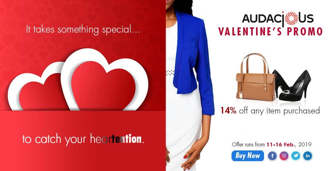 Valentine's Day is upon us! At Audacious, we are giving 14% discount off any item purchased at our stores nationwide. Offer runs through February 11th till February 16th 2019. Be Audacious! #ValentinesDay #ValentinesPromo #ValentinesDayGift #Audacious #Fashion