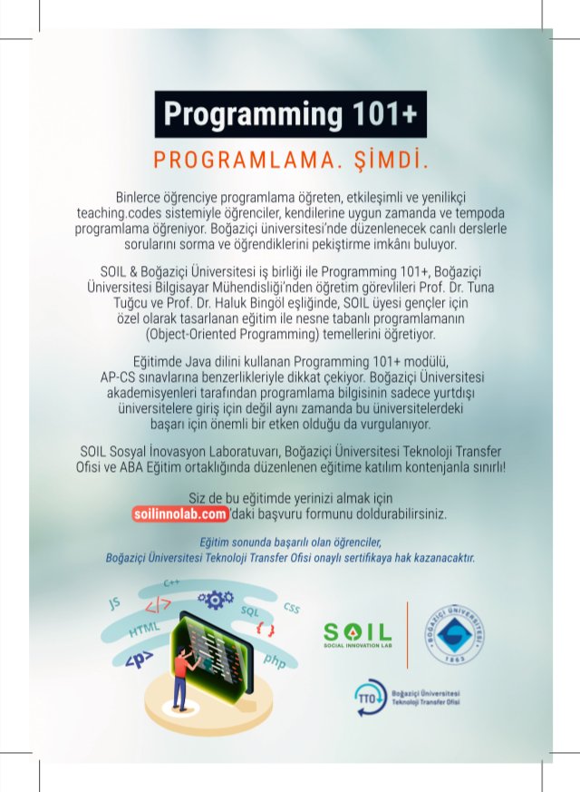 soilinnolab's tweet image. Boğaziçi Üniversitesi Teknoloji Transfer Ofisi onaylı sertifikayla üniversiteye bir adım önde başla!

SOIL, Boğaziçi Üniversitesi Teknoloji Transfer Ofisi ve @AbaEgitim 

Hemen Başvur : soilinnolab.com/programming-10…