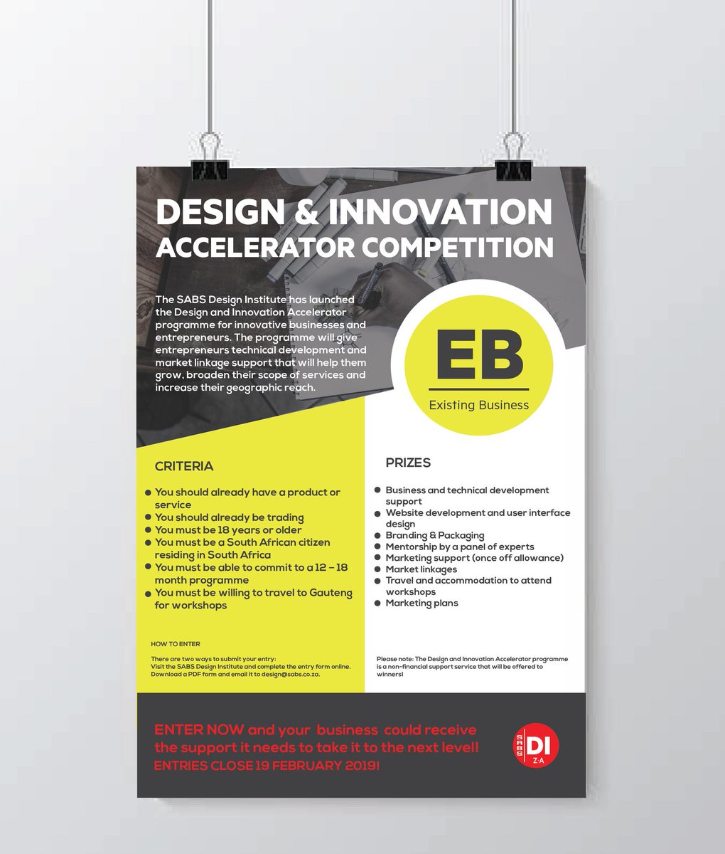 SABS_Design's tweet image. Do you have a start up that could shape South Africa's next generation economy? Enter the Design and Innovation Accelerator programme and stand a chance to work with industry leaders to grow your business.
Entry link in bio.