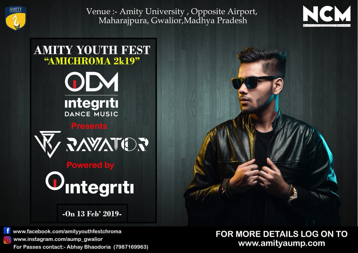 Enjoy this most anticipated and the much awaited star night of the fest season with the one and only DJ Ravator. 
IDM Presents RAVATOR powered by Integriti at Amity Youth Fest " AMICHROMA 2K19"