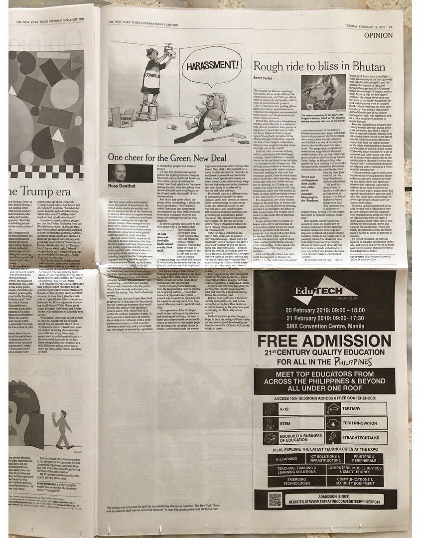 SanamMKhi's tweet photo. No surprises here. #ManzoorPashteen’s opinion piece #censored from the NYT’s front page in Pakistan this morning. https://t.co/XYGFPupGDA