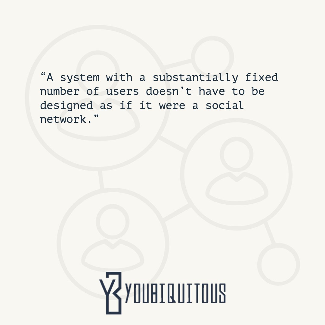 ybqapp's tweet image. A system with a substantially fixed number of users doesn’t have to be designed as if it were a #socialnetwork. 
ow.ly/zb2b50l5Xdh
#youbiquitous #softwarecode