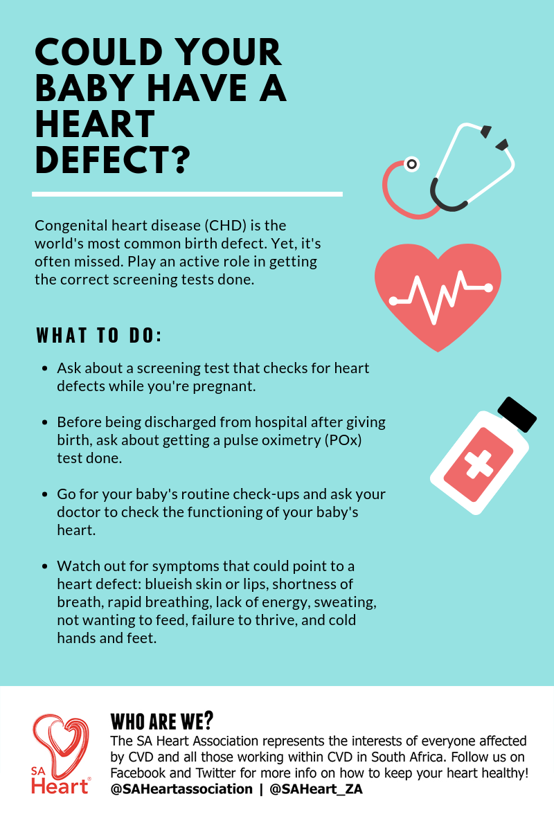 SAHeart_ZA's tweet photo. In SA, a shortage of specialists &amp; poor screening rates mean that many babies with #congenitalheartdisease are missed. Help parents to play an active role in getting antenatal &amp; postnatal screening tests for #CHD done. Share this graphic during #congenitalheartawarenessweek! https://t.co/3TPlk8Uauc