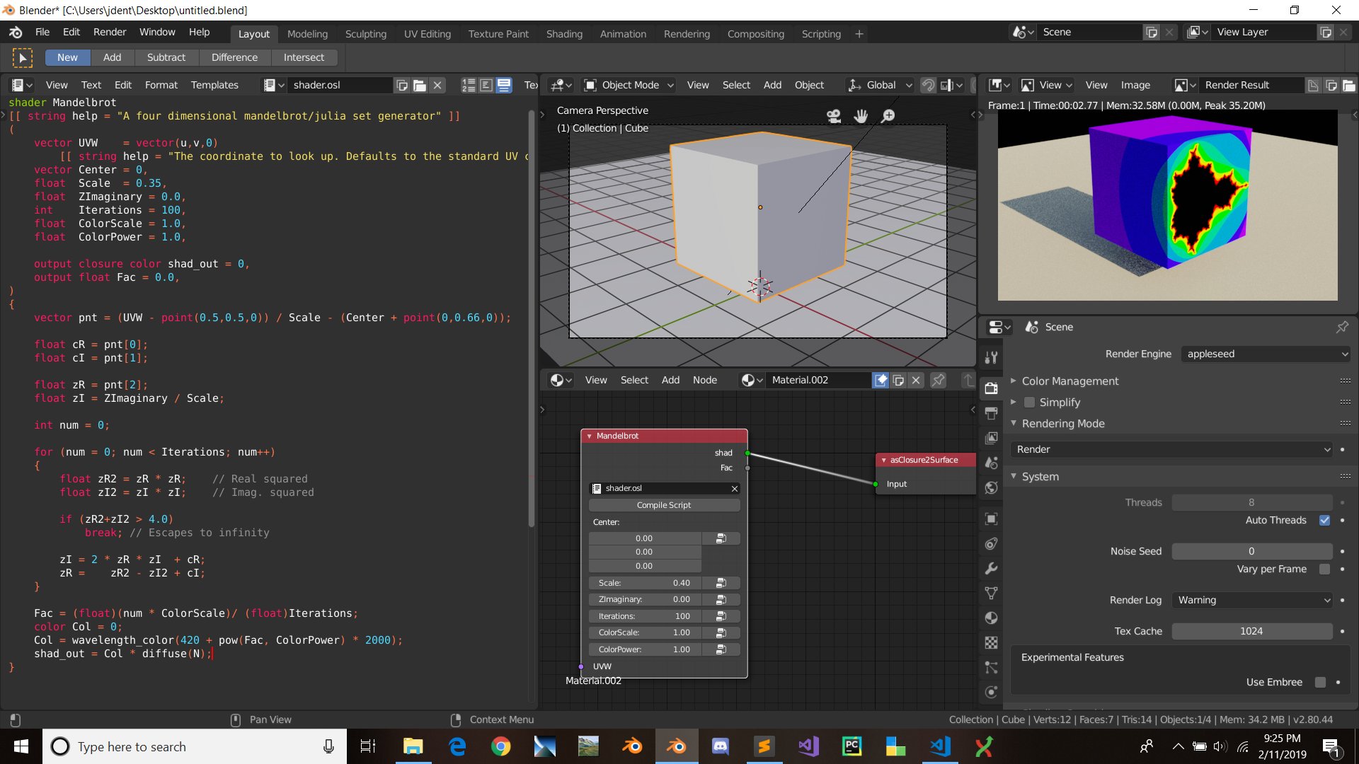 appleseedhq Twitter: "Sneak peek at the upcoming version appleseed for Blender: Editing and previewing @MasterZap's Mandelbrot set generator OSL shader (a sample shader from Autodesk 3ds Max) with appleseed inside