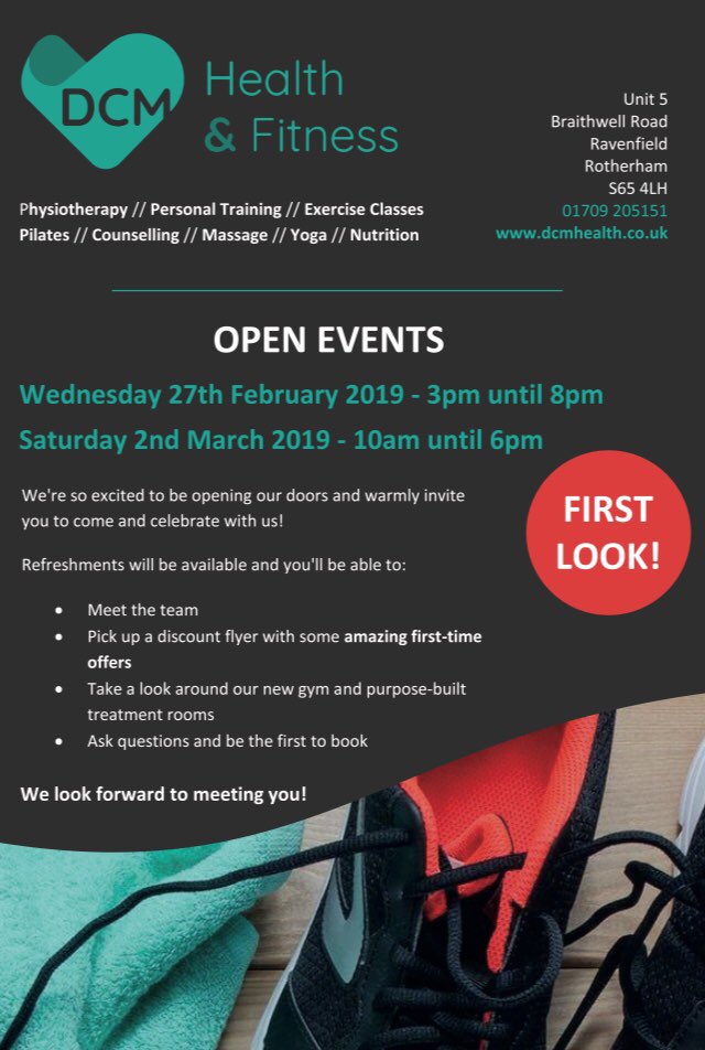 We’re so excited to announce our open evening on Wednesday 27th February and open day on Saturday 2nd March! Come visit us at DCM and find out how we can help you! 🤸🏻‍♂️ #gym #fitness #physiotherapy #exercise #pt #health #wellbeing #rotherham #southyorkshire
