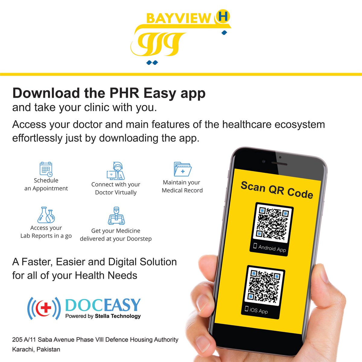 Stellatelemed's tweet photo. Our Product is now Live in Karachi, We have enabled our SMART App at Bayview Hospital Karachi for Patients!
Now you can Schedule your next Appointment at BayView Hospital by using  PHREasy App
#SmartHospital #Karachi #Health #PHREasy #FindDoctor #StellaTechnology #Telehealth https://t.co/zsVSH3Zdzc