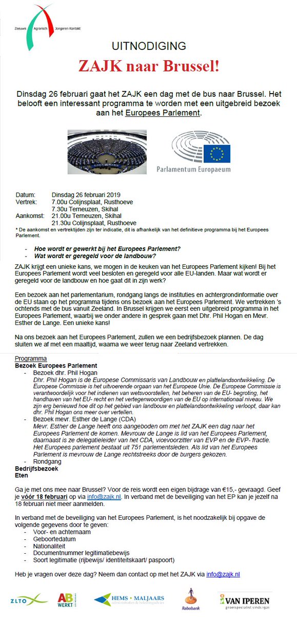 ZAJK gaat naar Brussel! Een interessant programma met onder andere een bezoek aan de Europese Commissie en het Europees Parlement. Ga je mee? Meld je aan via info@zajk.nl