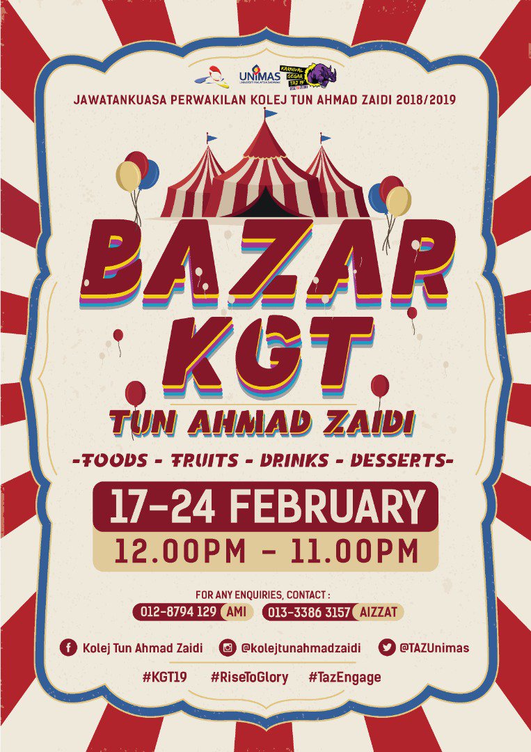 TAZUnimas's tweet photo. Karnival Gegar TAZ 2019:Rise to Glory
• Songket Run 🏃‍♀
• Kamek Maok Jadi Usahawan 👩‍💼
• Stop Stigma ✋
• Debat 🗣
• Savage Engage 📱
• Treasure of Islam 🕋
• Culture Vaganza Night
• TownHall 🏢
• Extreme Xpo ⛑
• Fit for Life 👟
#KGT19
#RiseToGlory
#TazEngage https://t.co/7aDCmYAC6Z