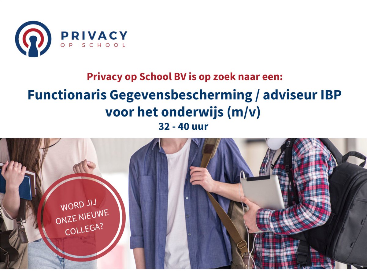 Wij zoeken een nieuwe collega (Functionaris Gegevensbescherming / adviseur IBP voor het onderwijs (m/v) 32-40 uur. privacyopschool.nl/wp-content/upl…. Iets voor jou, of ken je iemand die matcht met dit profiel? Laat het ons weten!