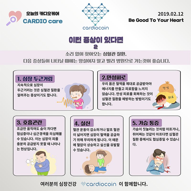 cardiocoin2's tweet photo. 오늘의 카디오케어 10 - 이런 증상이 있다면…2탄
#카디오 #카디오코인 #카디오케어 #블록체인 #플랫폼 #빅데이터 #인공지능 #러닝머신 #가슴통증 #호흡곤란 #심혈관 #cardio #AI #artificial_intelligence #today #Healthcare #cardiocare #Tachycardia #Chest_Pain https://t.co/ApZTzuARJC
