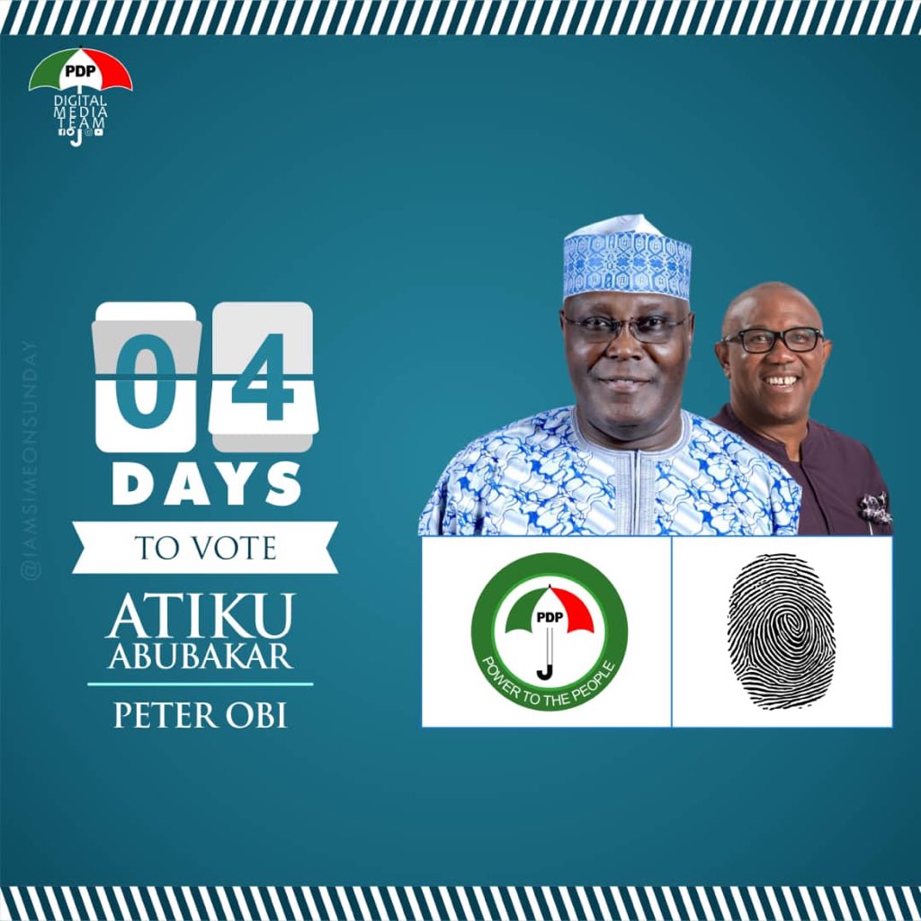 OfficialPDPNig's tweet photo. #TheAtikuPlan We are counting down to the exit of the failed and discredited President @MBuhari and his Party, the @OfficialAPCNg.  It’s time to get Nigeria Working Again. @atiku and @PeterObi will get the country back on track again. Vote @atiku/@PeterObi, Vote @OfficialPDPNig https://t.co/kvAYQ1exqE
