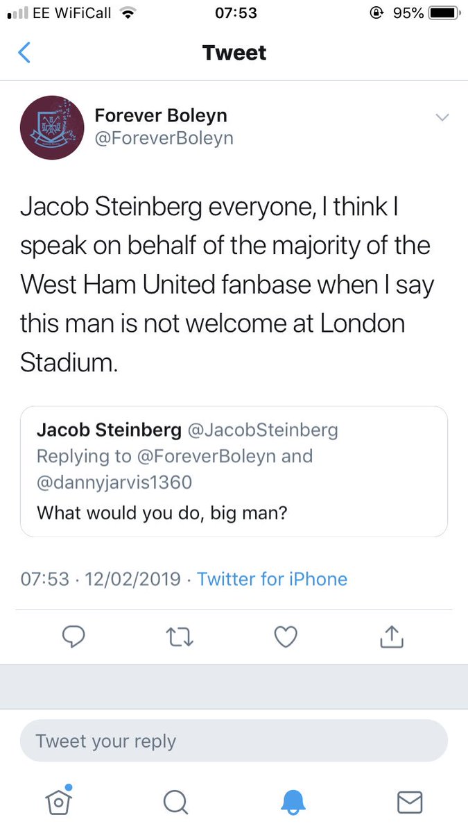JacobSteinberg's tweet photo. What happens when you report on antisemitism and racism at West Ham? You get threats of physical violence. Anyone doing this shames @WestHamUtd #whufc https://t.co/d8jMxVcngh