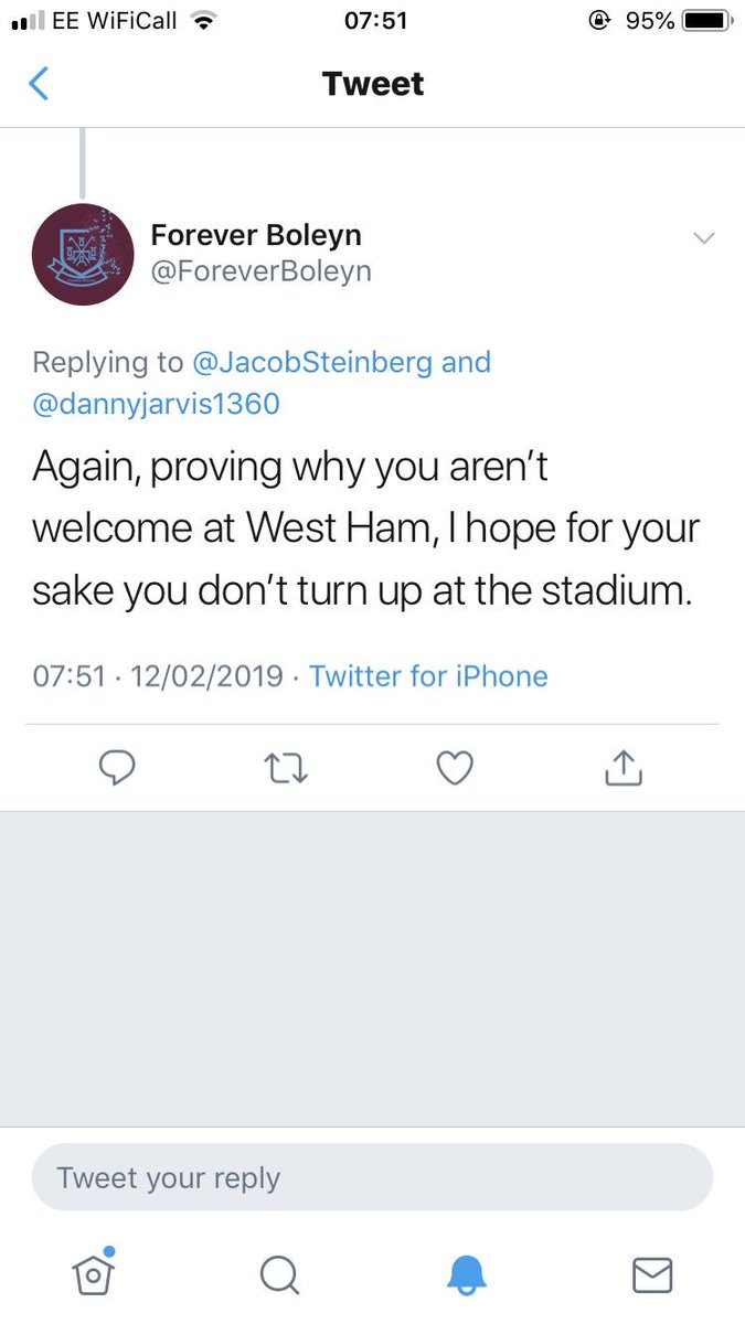 JacobSteinberg's tweet photo. What happens when you report on antisemitism and racism at West Ham? You get threats of physical violence. Anyone doing this shames @WestHamUtd #whufc https://t.co/d8jMxVcngh
