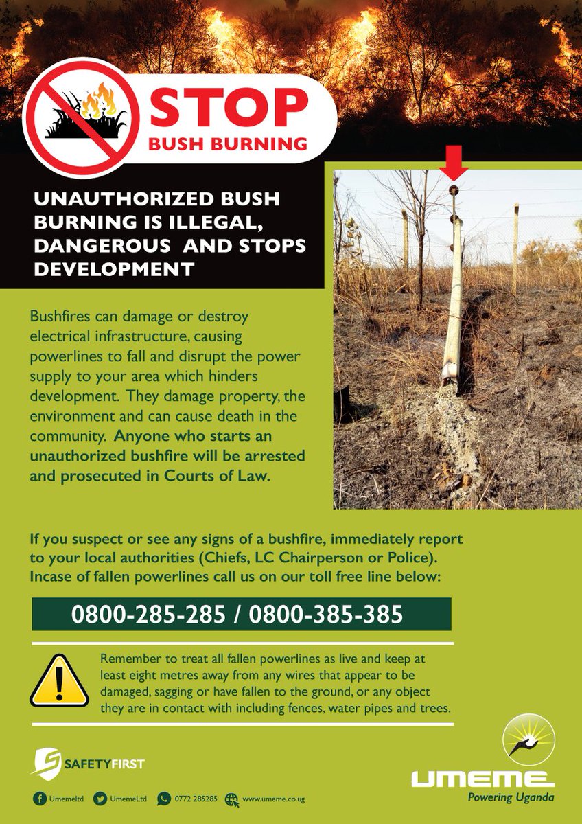 Umeme Limited (@umemeltd) on Twitter photo #StopBushBurning 🔥
Bush fires damage property, the environment and can cause death. Please report any bush burning activities to the <a href="/PoliceUg/">Uganda Police Force</a> or any local authorities. |Fe #StopBushBurning 🔥
Bush fires damage property, the environment and can cause death. Please report any bush burning activities to the <a href="/PoliceUg/">Uganda Police Force</a> or any local authorities. |Fe