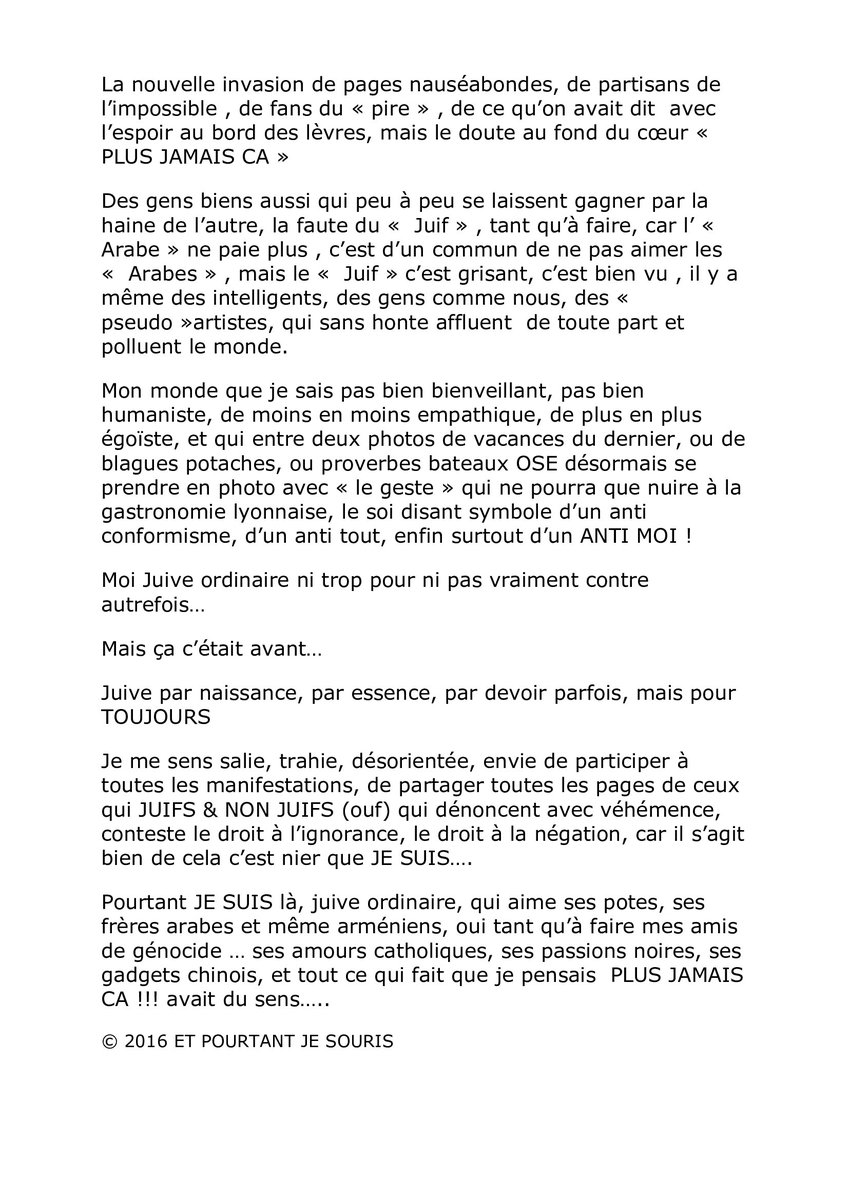 perplexe57's tweet image. Il y a quelques années j'avais écrit ce texte tristement  actuel ; PLUS JAMAIS CA !! #antisemitisme #JeSuisJuive ; Liste non exhaustive bien sûr @EricNaulleau @HoudionE @Jade_Bekhti @savanabay @MARCLANDES40 @SallusteDom @JeremBenhaim @jeremo12  @MerciDemocratie MERCI