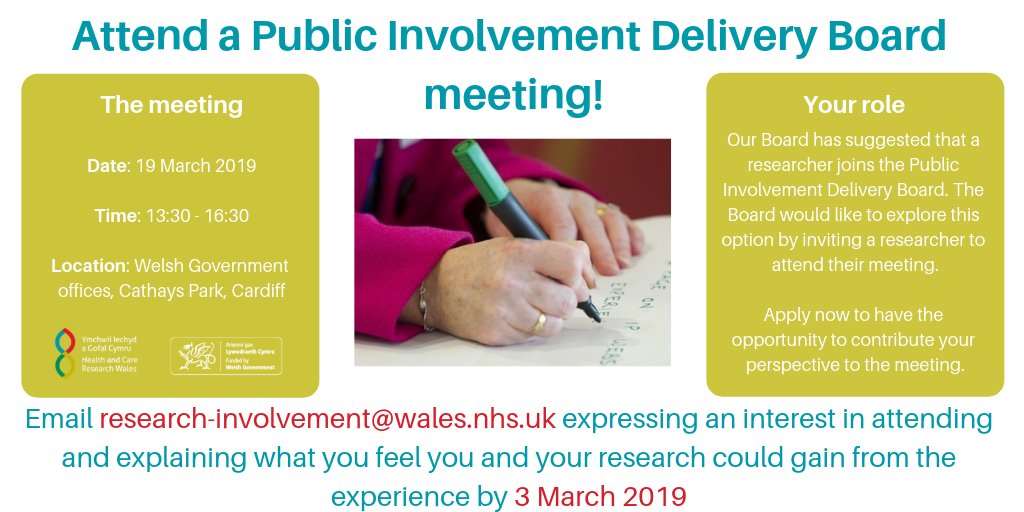 Apply now to attend a Public Involvement Delivery Board meeting! 

We’re looking for a researcher to attend the next meeting. Don’t miss this opportunity to contribute your perspective. See more info below #PublicInvolvement #PPI