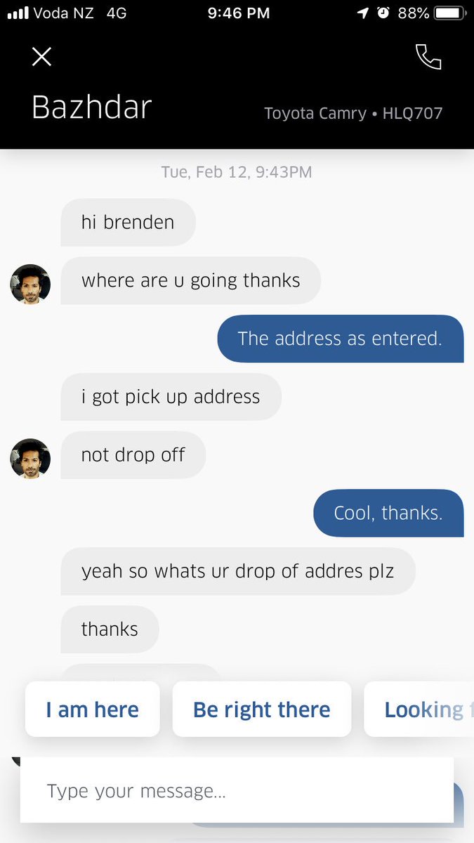 brendant22's tweet photo. @Uber_NZ Since when do I have to give out address details over chat when I have entered my destination properly? And be left standing in the dark on the side of the road after he just cancelled?? https://t.co/Dgj8D0sBeG