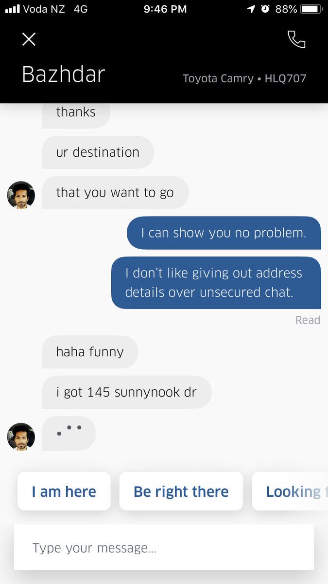 brendant22's tweet photo. @Uber_NZ Since when do I have to give out address details over chat when I have entered my destination properly? And be left standing in the dark on the side of the road after he just cancelled?? https://t.co/Dgj8D0sBeG