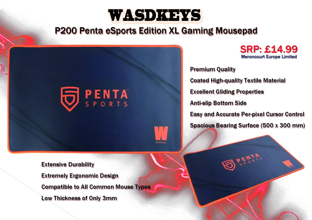 The #WASDkeys P200 #gaming #mousepad consists of a flexible foam with a special surface. This mousepad has been developed, together with #PENTA  Sports, especially for ambitious #gamers. #meroncourt #B2B #wholesale #shoppingonline #technology  #onlineshop meroncourt.co.uk/mousepad/wasdk…